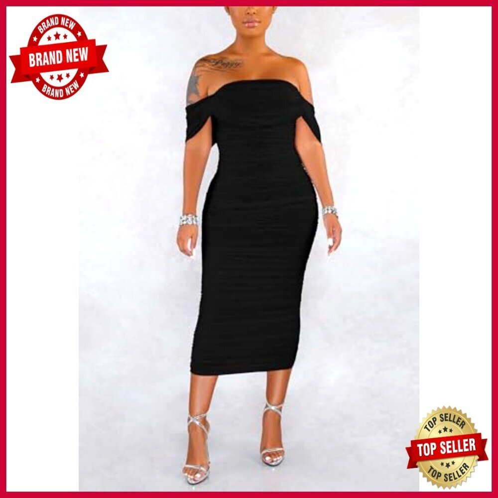 Off Shoulder Bodycon Ruched Midi Dress Elegant Cocktail Evening Party Wear - Picture 6 of 7